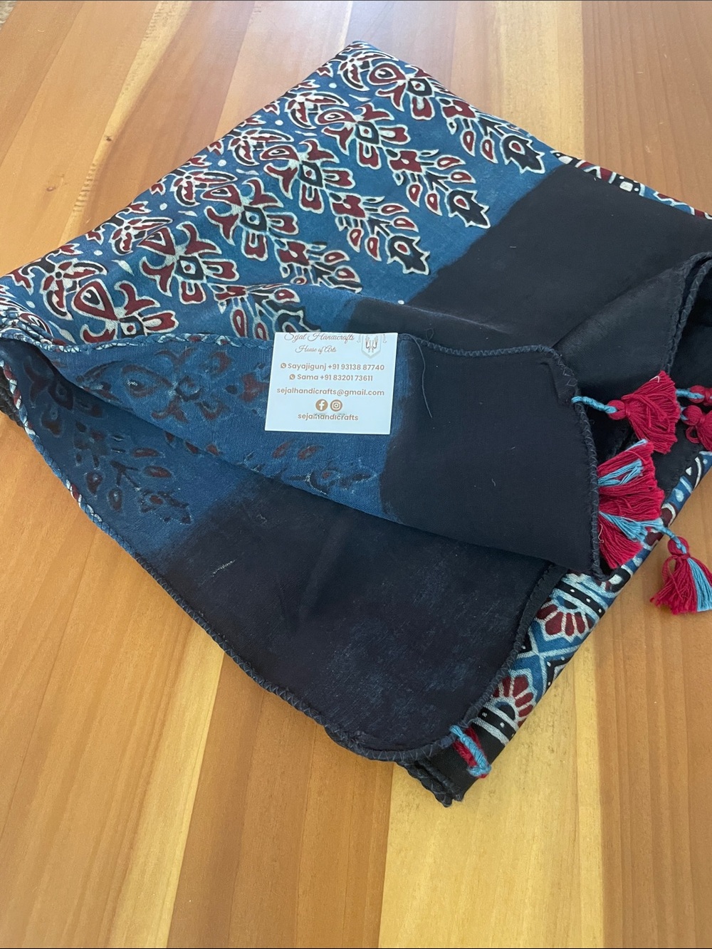 Handprinted Blue & Red Block Print Wrap Scarf with Tassels